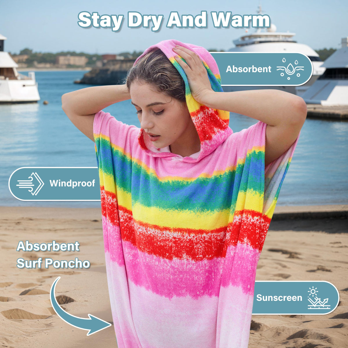 Kato Tirrinia Poncho Towel Adult, Large Changing Robe Towel, Surf Beach Towel, Quick Dry Swim Robe with Hood, Super Water Absorbent