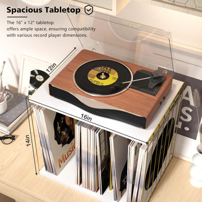 Emfogoo Vinyl Record Storage, Metal & Wooden Vinyl Record Holder Up to 80 LP Albums, 3-Compartment Record Player Stand for Magazine, Book, Files