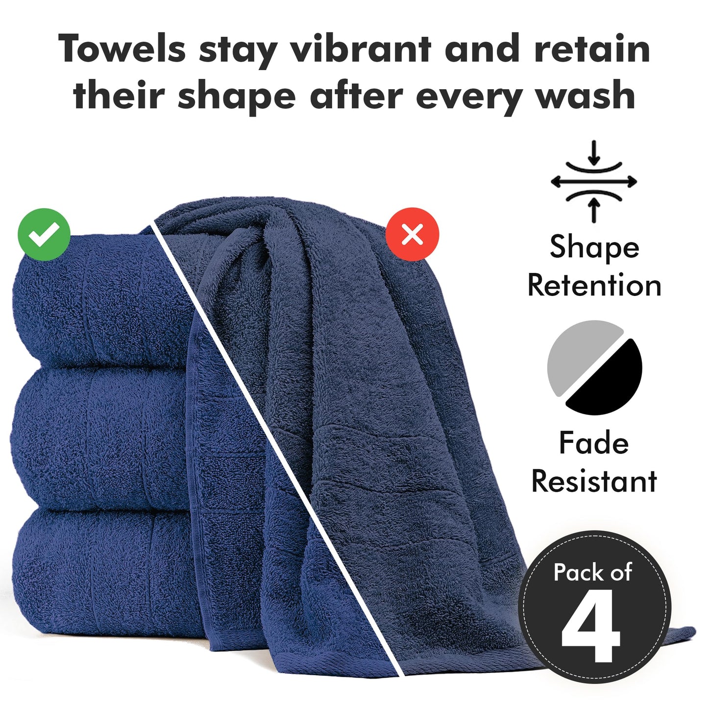 Novo Home Bath Towels Set of 4 – 550 GSM 100% Cotton Royal Blue Extra Large Towels for Bathroom, Spa Use (70x140 cm)