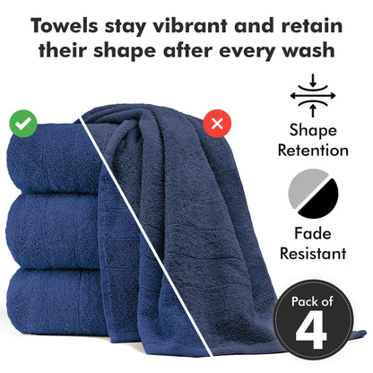 Novo Home Bath Towels Set of 4 – 550 GSM 100% Cotton Royal Blue Extra Large Towels for Bathroom, Spa Use (70x140 cm)