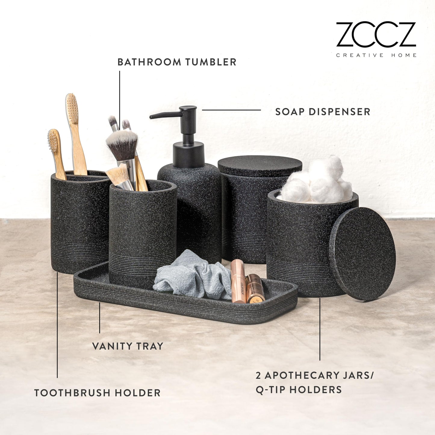 zccz Black Bathroom Accessory Set 6 Pieces - Bathroom Organiser with Tootbrush Holder, Lotion Soap Dispenser, Vanity Tray and 2 Qtip Holders - Modern