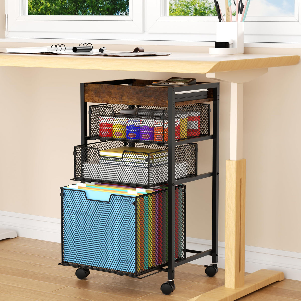 SWTYMIKI Filing Trolley with Mesh Drawers - 4 Tier Under Desk Storage Cart