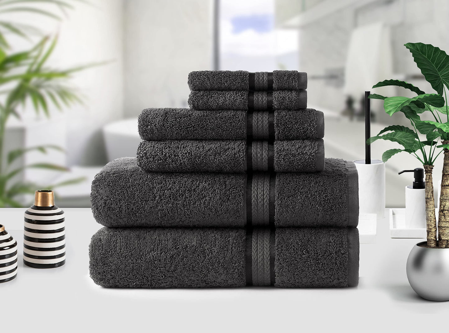 COTTON CRAFT Ultra Soft Luxury 6 Piece Ringspun Cotton Towel Set, 580GSM, Heavyweight, 2 Bath Towels, 2 Hand Towels, 2 Washcloths, Charcoal Grey