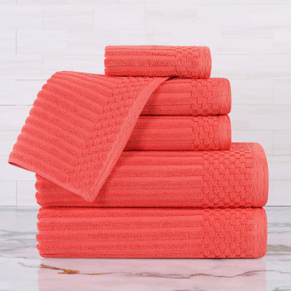 Superior Cotton 6-Piece Solid and Ribbed Towel Set, Face Towels 13” x 13”, Hand Towels 16” x 28”, Bath Towels 27” x 54”, Coral