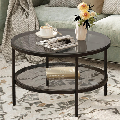 Yusong Round Glass Coffee Tables for Living Room, 2-Tier Circle Coffee Table with Storage, 66 CM Modern Center Accent Table with Light Black Glass