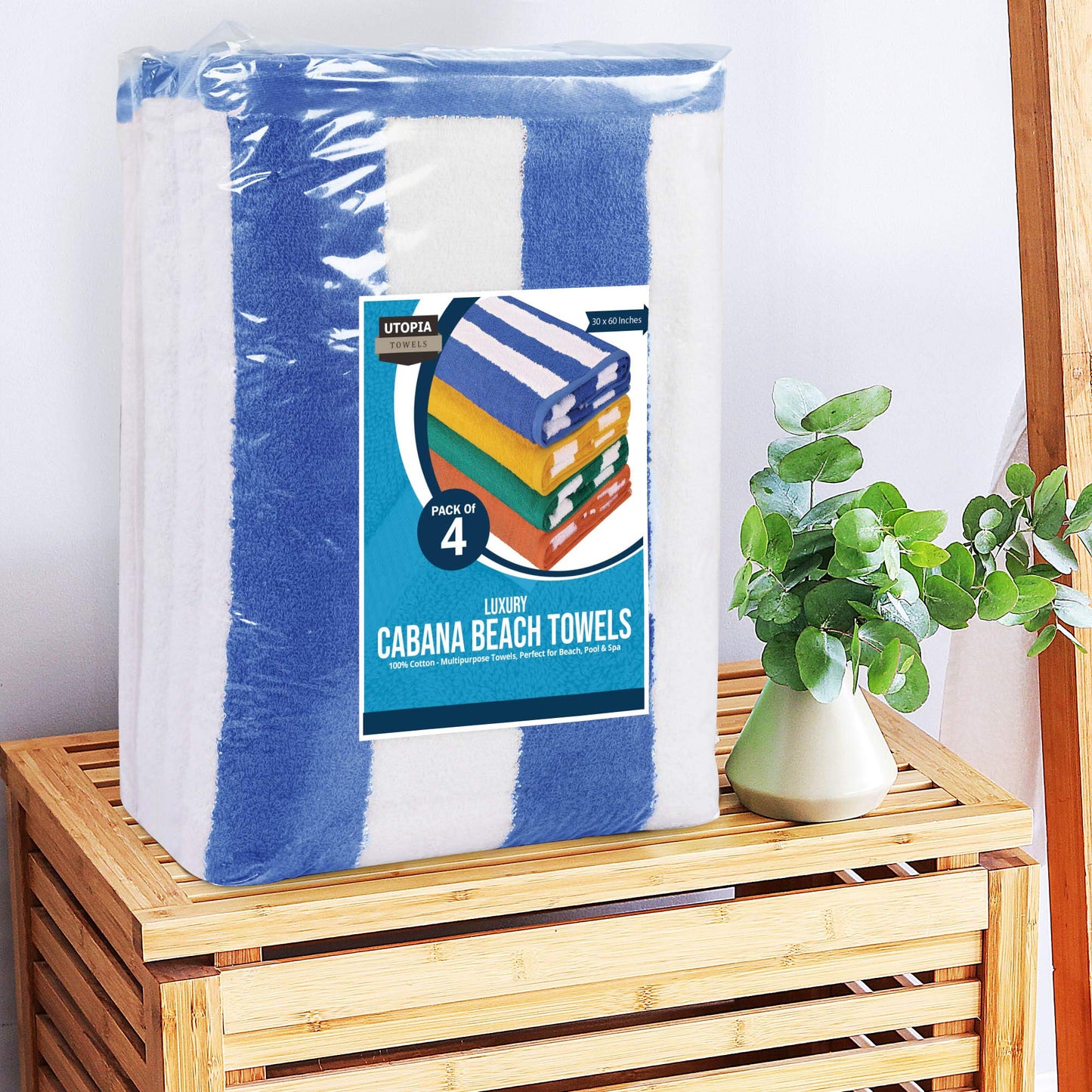 Utopia Towels Cabana Stripe Beach Towels (76 x 152 cm) - 100% Ring Spun Cotton Large Pool Towels, Soft and Quick Dry Swim Towels (Pack of 4) (Blue)