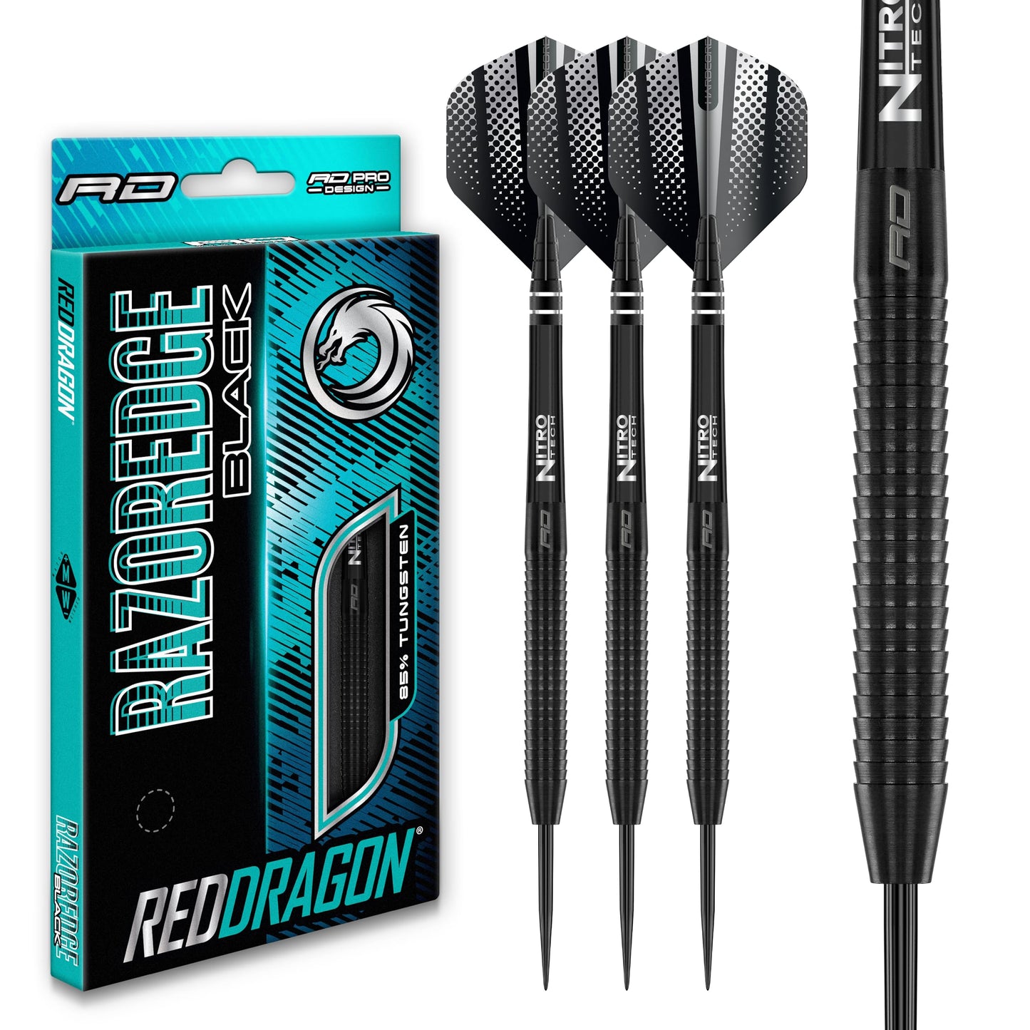 RED DRAGON Razor Edge Black 20g - Tungsten professional steel tip darts set with Dart Flights and Dart Shafts (stems)