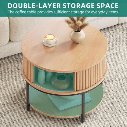 YITAHOME Round Coffee Table, Coffee Table with 2-Tier Storage Space, Fluted Coffee Tables with Tambour-Design Sliding Doors for Living Room