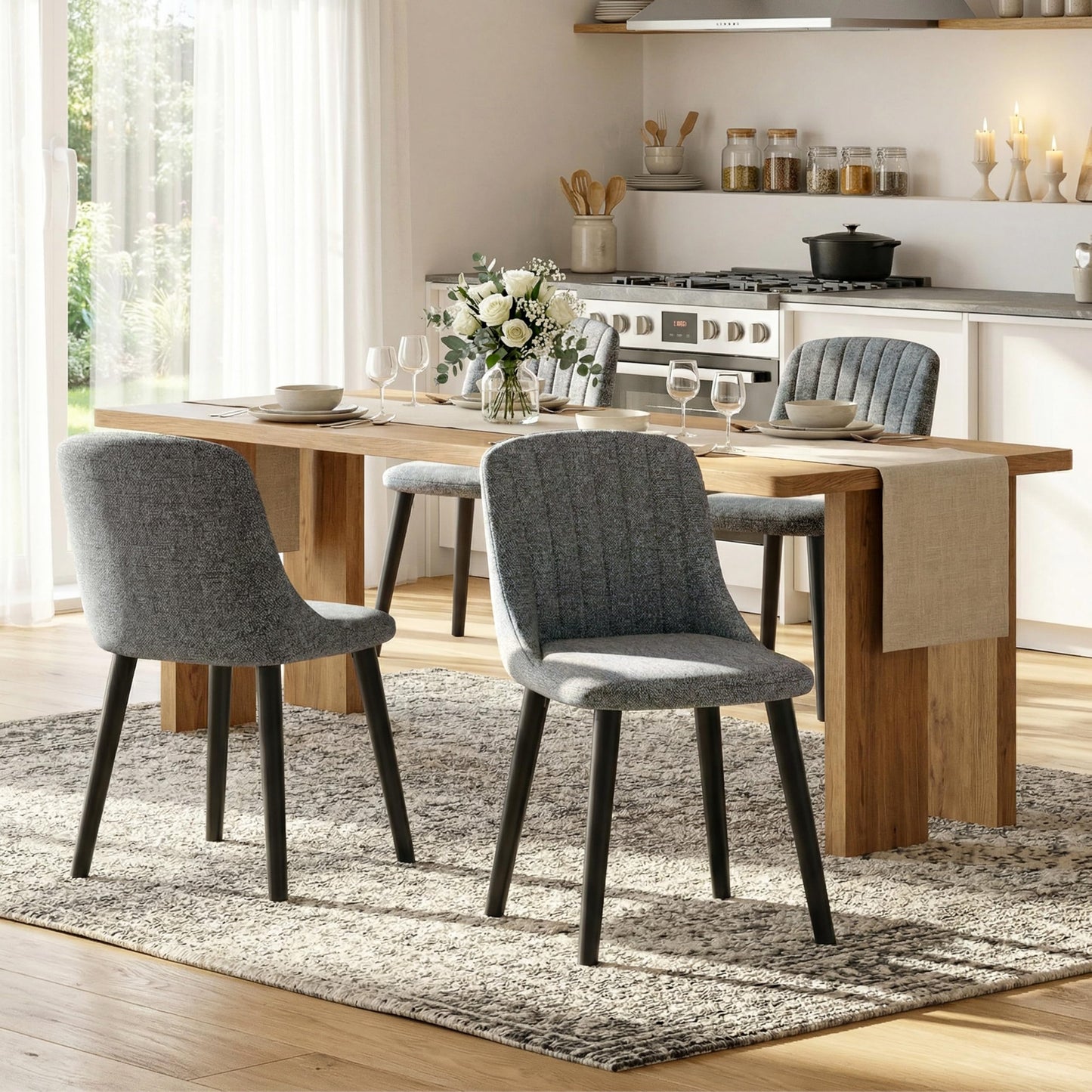Goeurvant Dining Chairs Set of 4 Upholstered Armchairs with Wooden Legs Kitchen Chairs for Living Room, Grey-Chenille