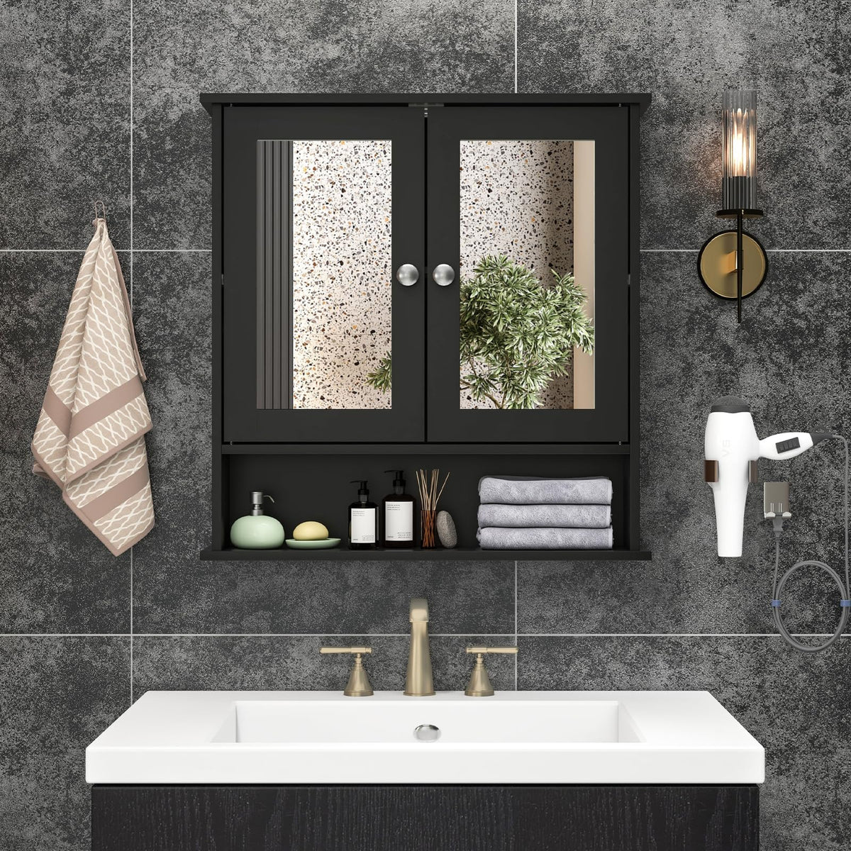 RELAX4LIFE Bathroom Mirror Cabinet, Wall Mounted Display Organizer Unit with Mirror, Double Door & Adjustable Shelf