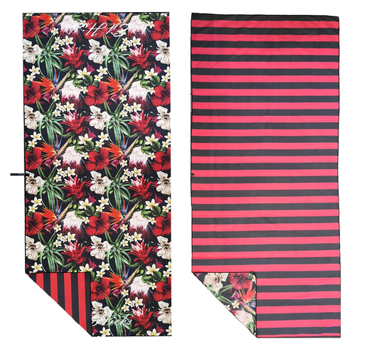 Ed Hicks Extra Large Microfibre Beach Towel ? 2 Towels in 1:- Double Sided? Tropical Flowers and Stripes? XXL 200 x 90cm? Sand Free, Lightweight,