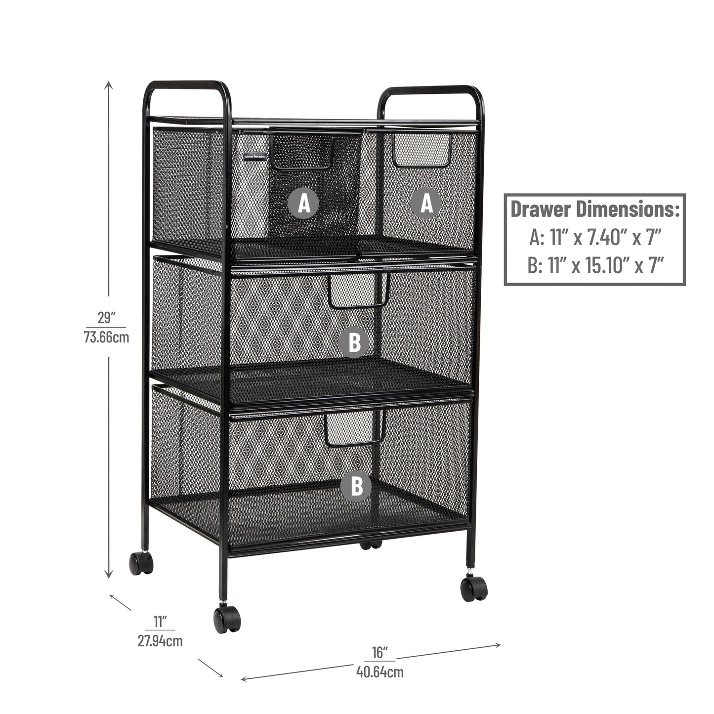 Mind Reader Cart with Drawers, Laundry Organizer, Utility Cart, Bathroom, Kitchen, Metal Mesh, 16"L x 11"W x 29"H, Black