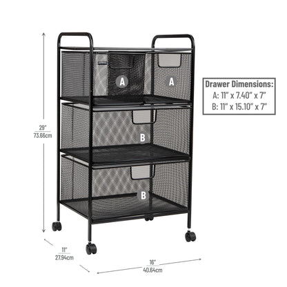 Mind Reader Cart with Drawers, Laundry Organizer, Utility Cart, Bathroom, Kitchen, Metal Mesh, 16"L x 11"W x 29"H, Black