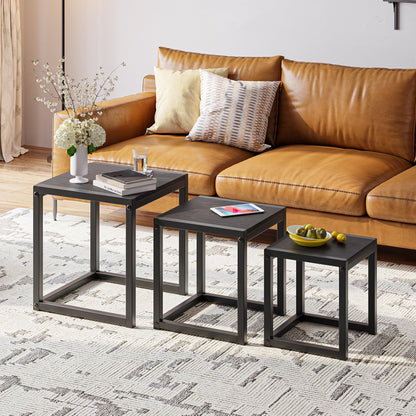 DUMEE Nesting Tables Set of 3 Wooden Coffee Table Side End Tables Sturdy Steel Metal Frame Living Room Bedroom,Space Saving Stacking Nightstand