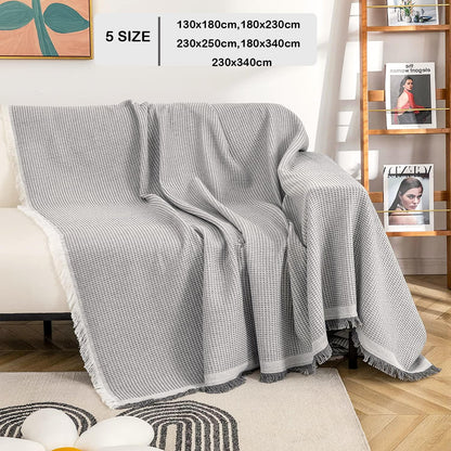 VANJOROY Waffle Large Grey Sofa Throw Blanket With Tassels For 2 3 4 Seater, 100% Handwoven Cotton Knitted Settees Throw for Couch, Armchair and Bed,