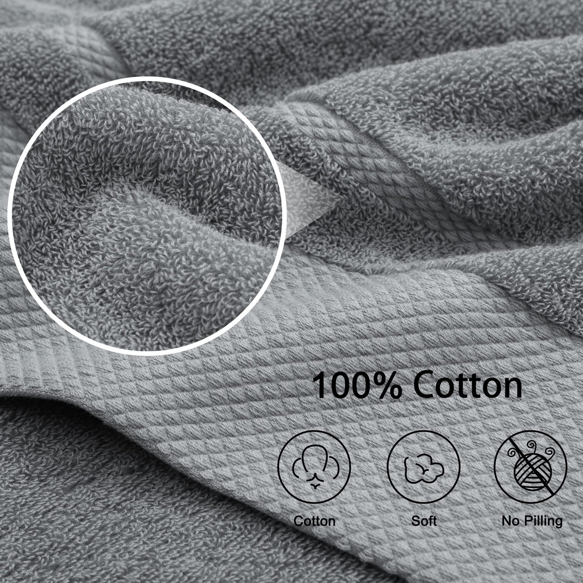 PiccoCasa Combed Cotton Bath Towels 4 Pack Grey 70cm x 140cm