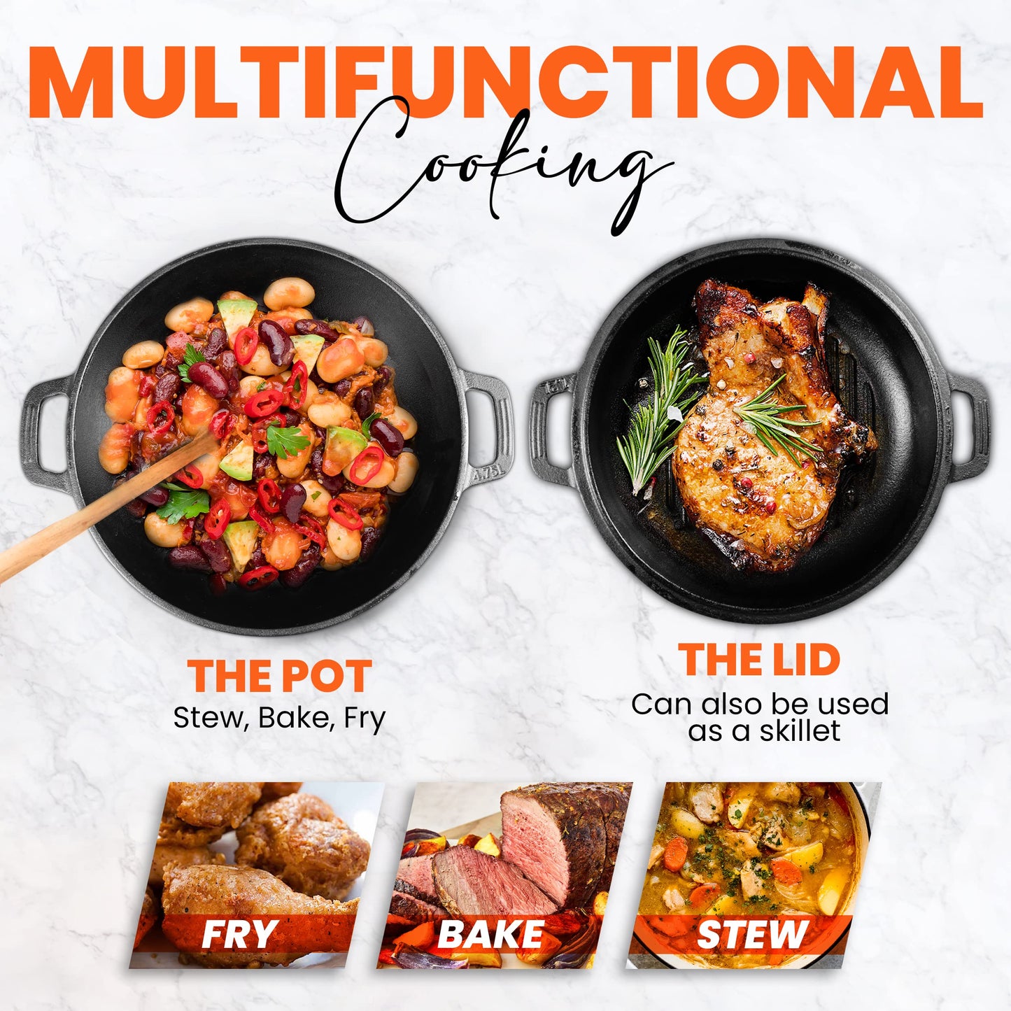 KICHLY 4.7L/5.0 Quart Pre Seasoned Cast Iron Pan, Dutch Oven with Lid, Dual Function Griddle Pan, 10.6 Inch (27 cm), Casted Pot with lid, Casserole