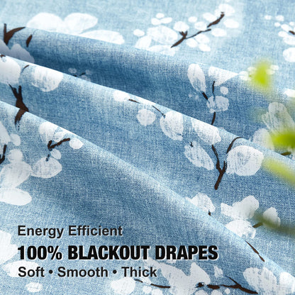 Fmfunctex Blue Floral Blackout Curtains for Bedroom 90 inch Drop Eyelet Curtains for Living Room Nursary Blossom Thermal Insulated Window Curtain