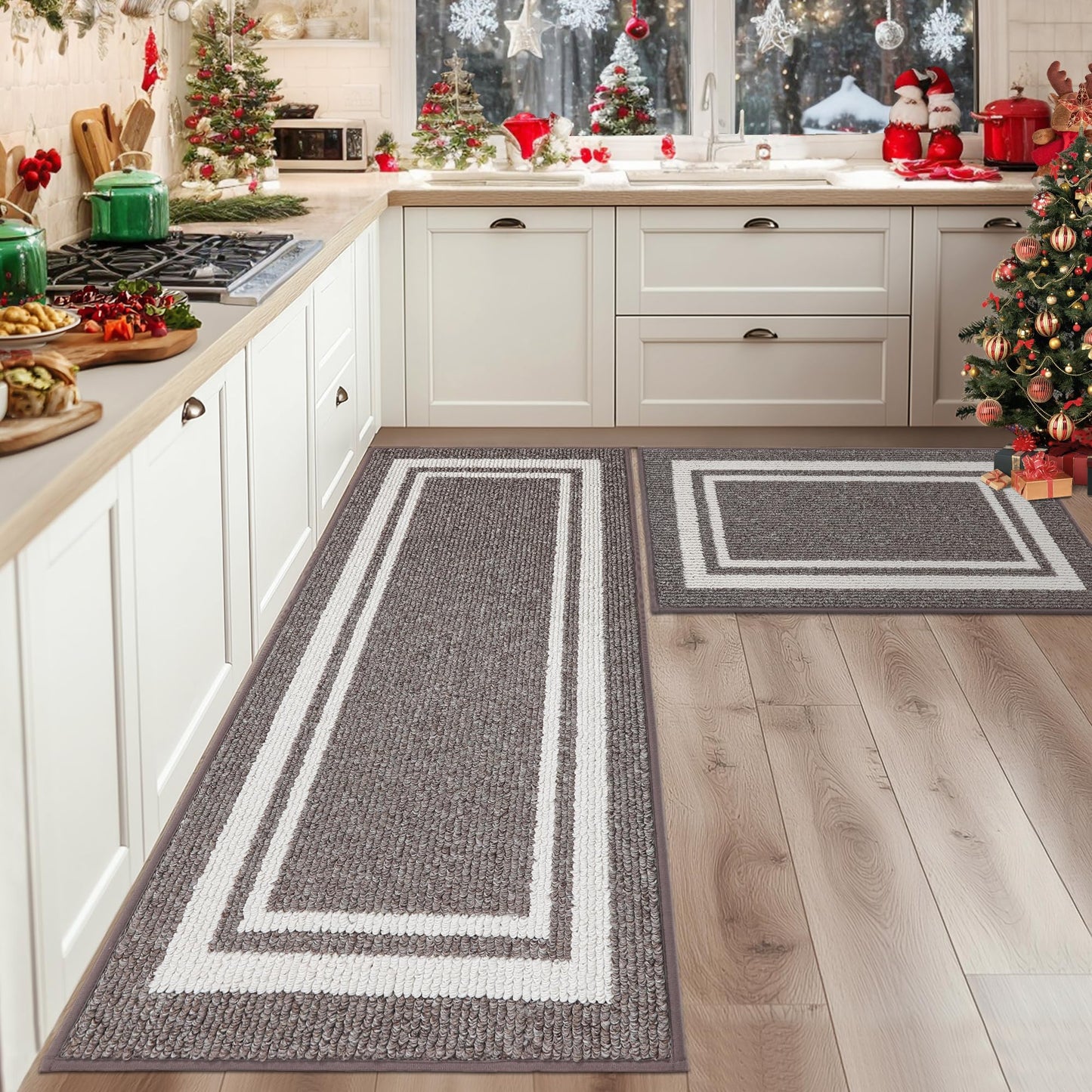 COSY HOMEER Kitchen Rugs 2 Pieces, 61x90cm+61x152cm, Absorbent and Stain-Resistant Kitchen Mats Non-Slip, Machine Washable Kitchen Runners Floor Mat