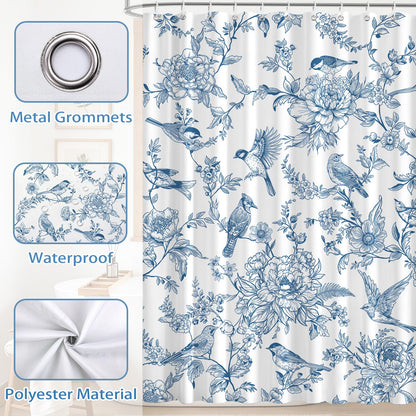 hometrixx Farmhouse Vintage Blue Floral Birds Shower Curtain 180x200cm