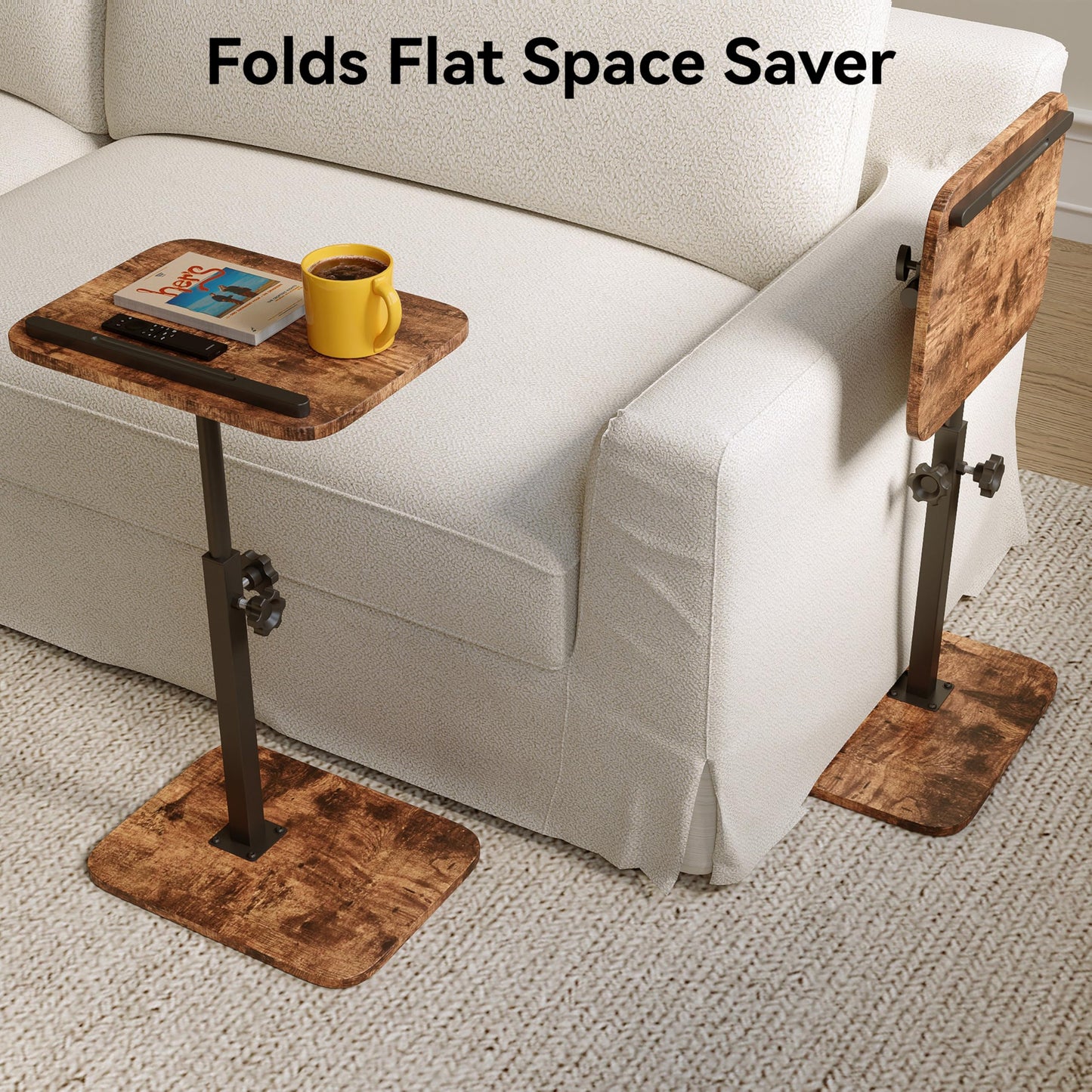 Xyphren C Shaped Side Table, 40x30cm Height Adjustable End Table for Small Spaces, 360° Swivel with Anti-Slip Bar