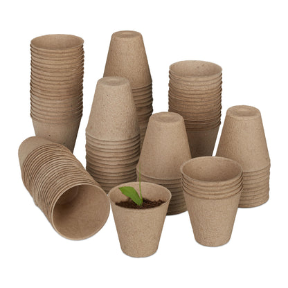 Relaxdays Set of 120 Biodegradable Cellulose Cultivation Pots H x D 7.5 x 8 cm Round Propagators Small Natural