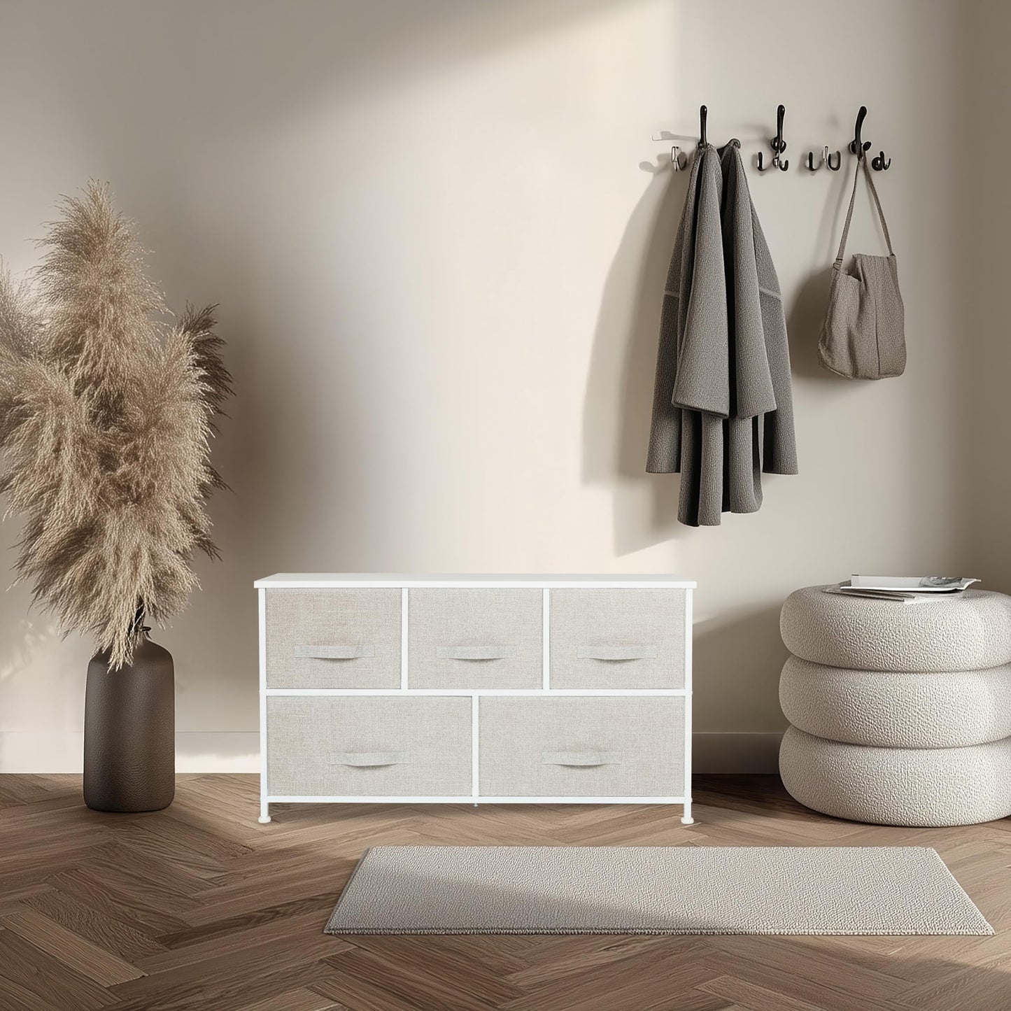 hjh LIVING Chest of drawers with 5 fabric drawers FOLDAR 100x30x55 cm Chest of drawers organizer, height-adjustable foot glides, metal frame, grey