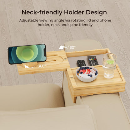 Wealone Bamboo Couch Arm Tray with 2 Rotatable Tray, Adjustable Sofa Arm Clip Table with Storage Box & 360° Phone Holder