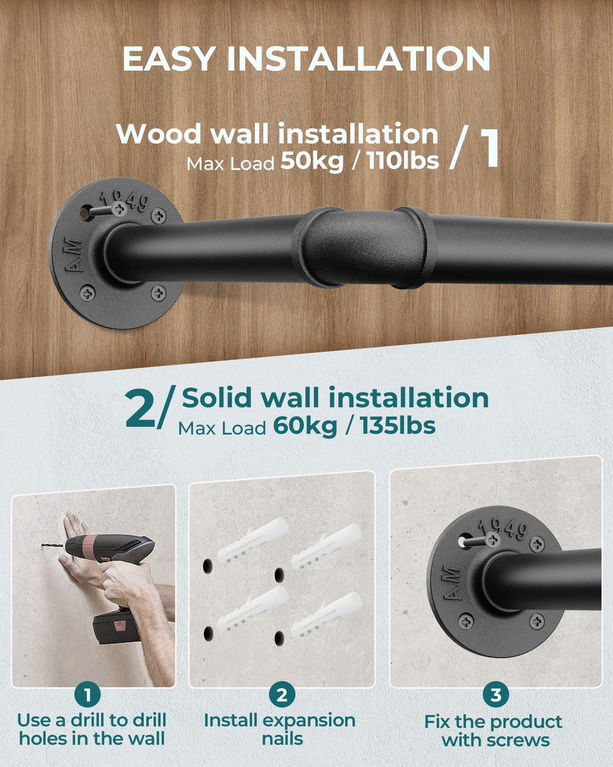 OROPY Retro Wall Mounted Clothes Rail, 92cm Industrial Pipe Clothes Rack
