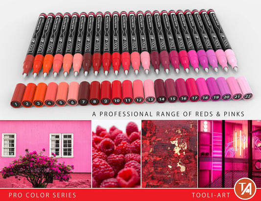 Acrylic Paint Pens 22 Red & Pink Tones Assorted Pro Colour Series Markers Set 0.7mm Extra Fine Tip for Rock Painting, Glass, Mugs, Wood, Metal,