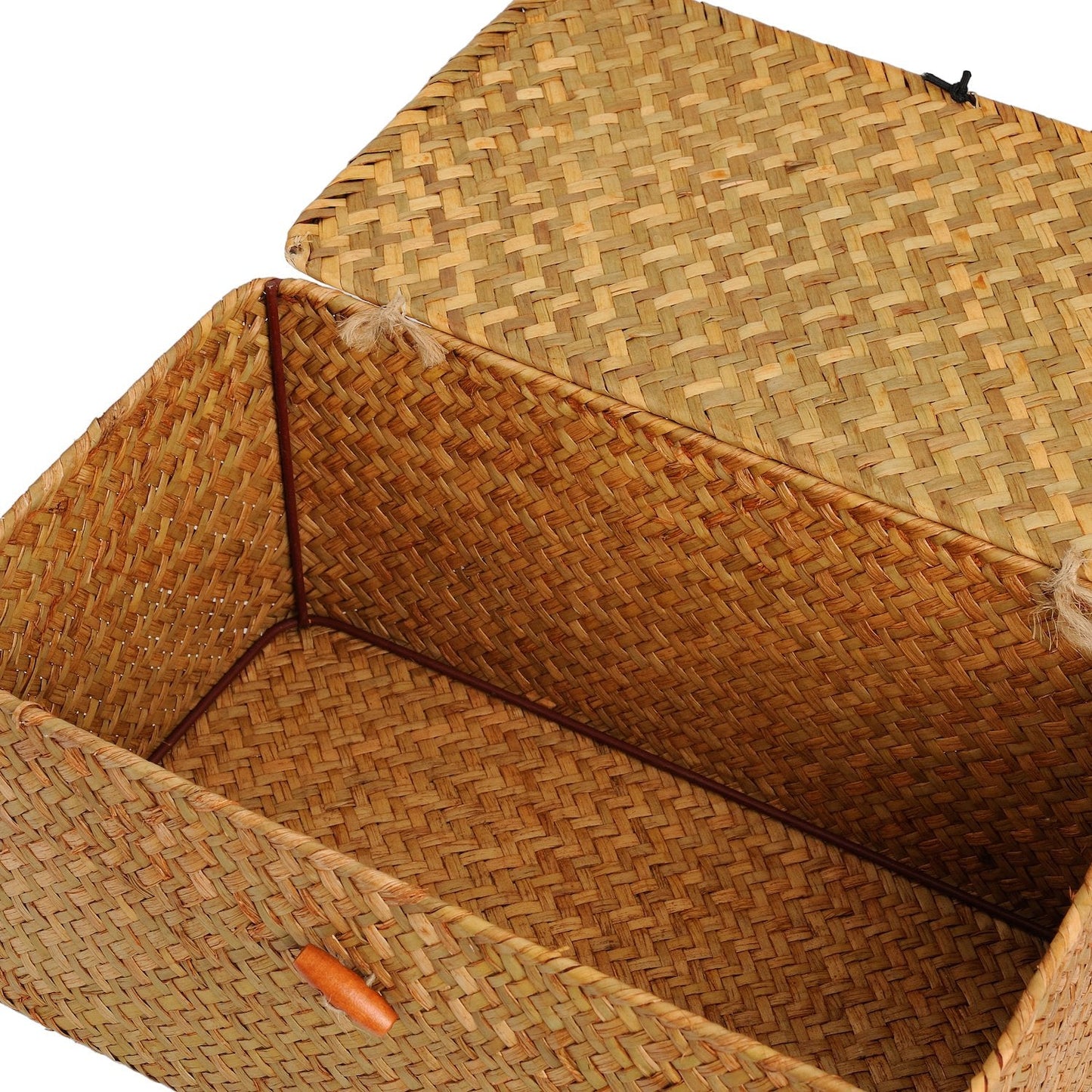 Seagrass Storage Baskets with Lid Natural Rattan Woven Rectangular Organizer Box (Small 26cmx14cmx11cm H)
