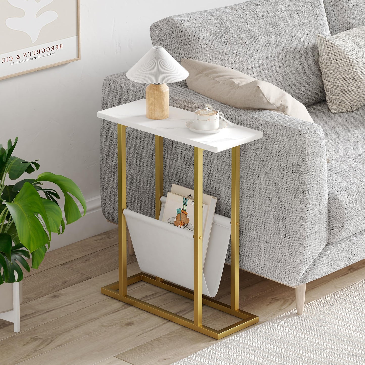 Yusong Small Narrow Side Table for Small Spaces, Slim End Table Magazine Table Nightstand with Storage Holder