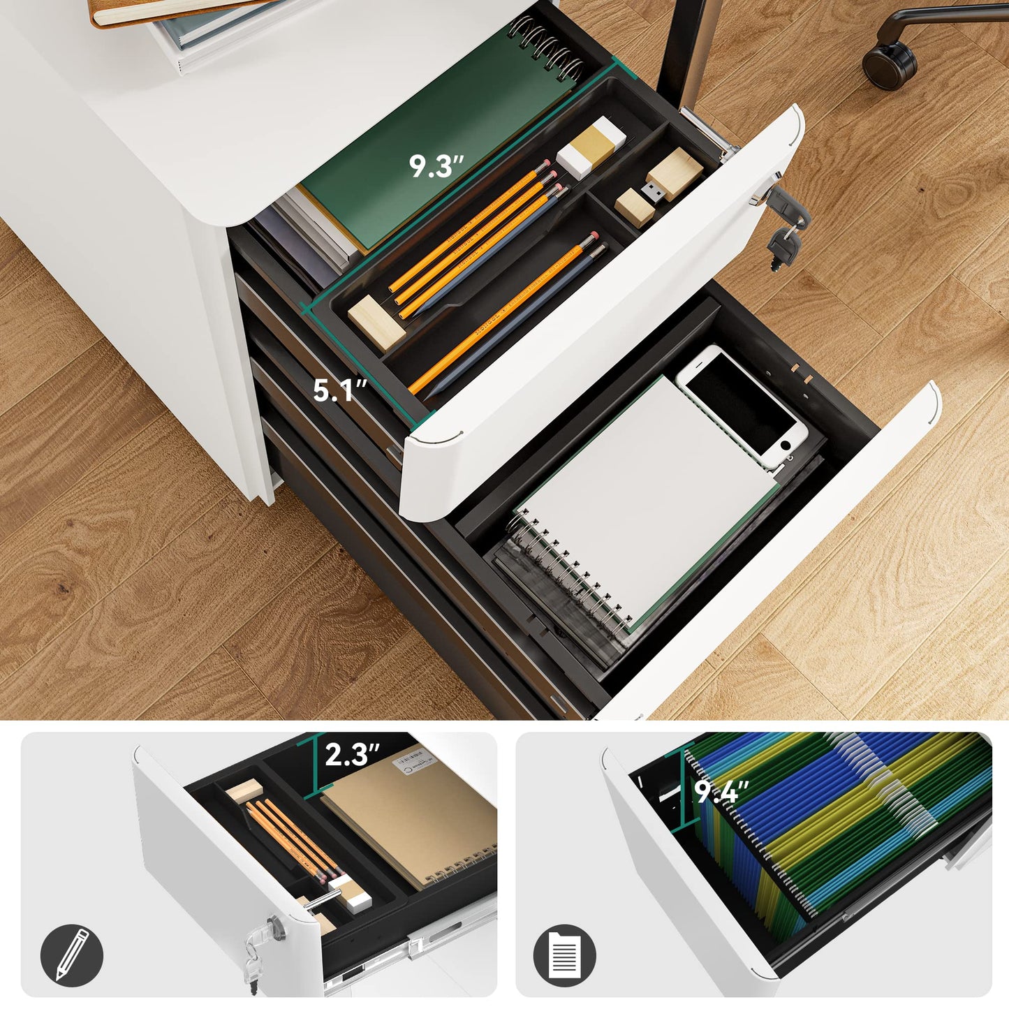 YITAHOME 3-Drawer Metal Filing Cabinet Office Drawers with Keys, Compact Slim Portable File Cabinet