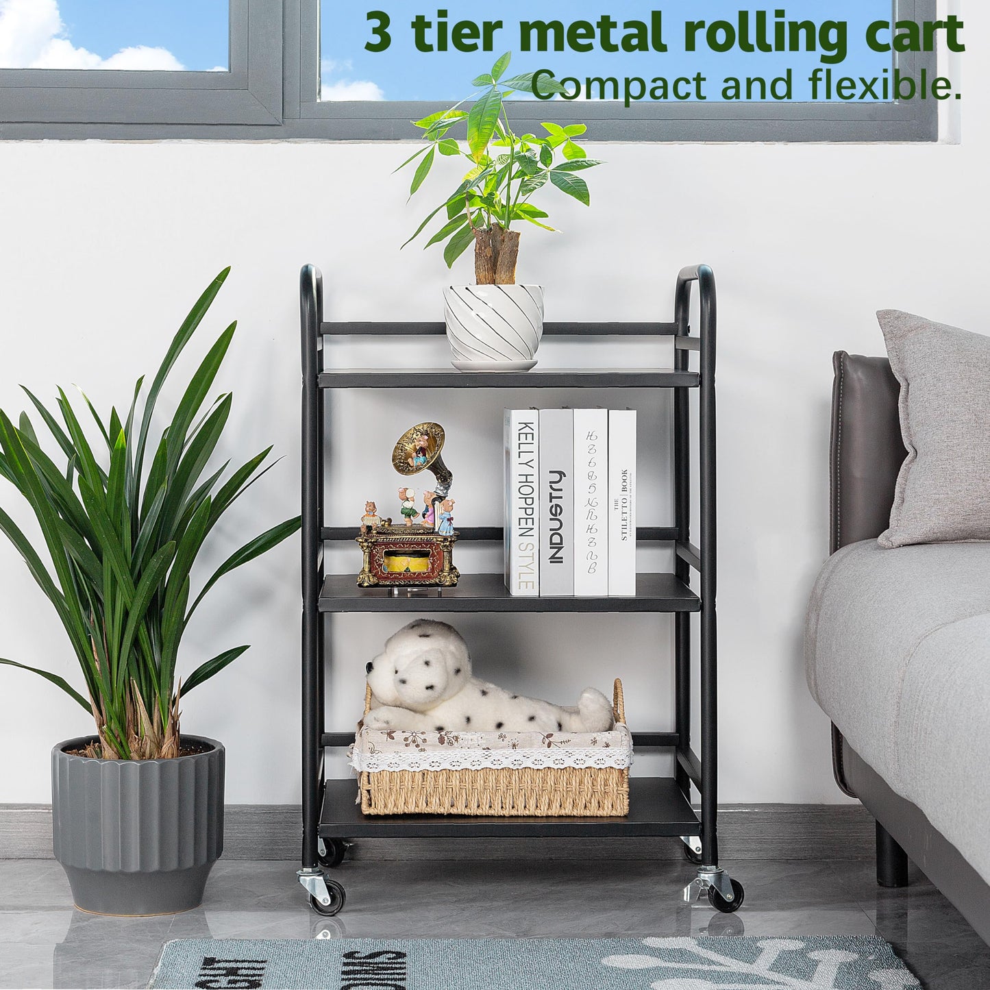 HDANI Serving Trolley,3-Tier Metal Trolley,Black,48x30x75cm