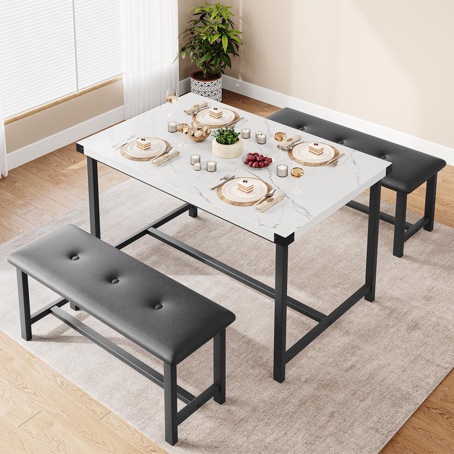 GarveeHome Dining Table with 2 Benches, 3 Piece Kitchen Table Set, Space Saving Dining Room Furniture, Metal Frame