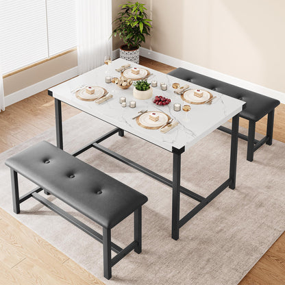 GarveeHome Dining Table with 2 Benches, 3 Piece Kitchen Table Set, Space Saving Dining Room Furniture, Metal Frame