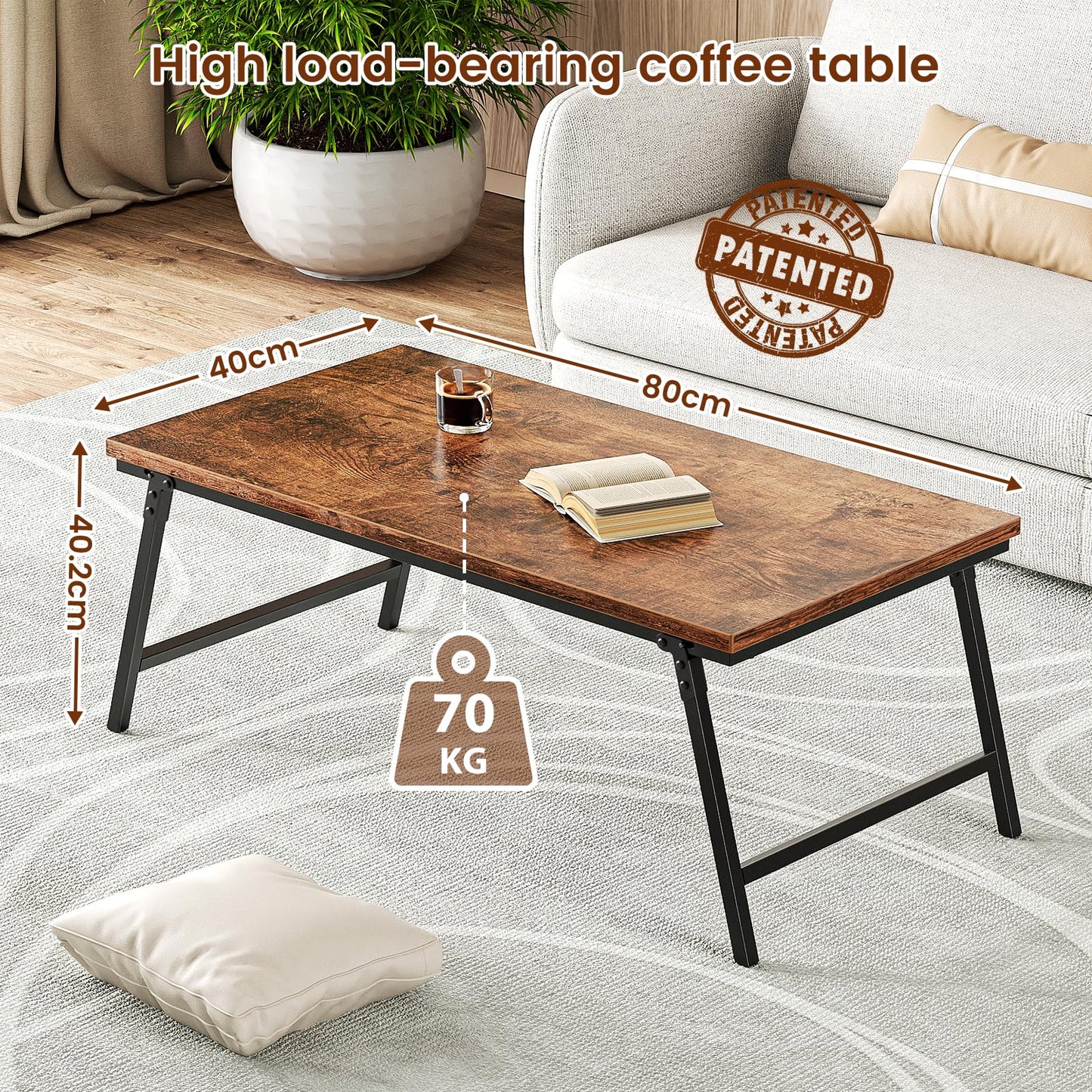 OCTORO Folding Coffee Table, Magnetic Design, Portable Small Center Side Table, 80×40×40 CM, Legs Can be Fixed, No Installation Required