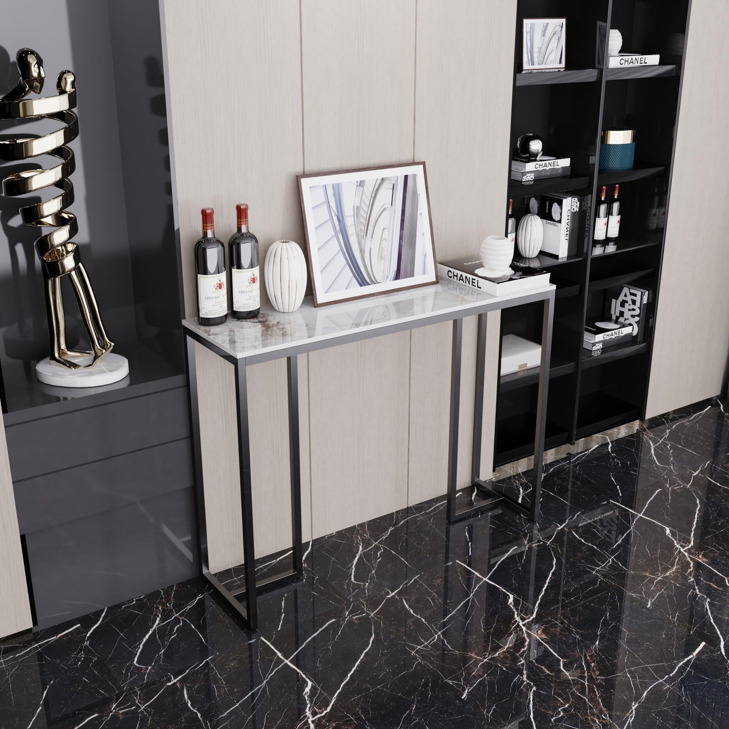 Console Table Hallway Sintered Stone: Consoles Desk 100x30x78.5 cm High Gloss Cold Jadeite White Marble Texture with Black Legs Narrow Tall Modern