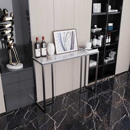 Console Table Hallway Sintered Stone: Consoles Desk 100x30x78.5 cm High Gloss Cold Jadeite White Marble Texture with Black Legs Narrow Tall Modern