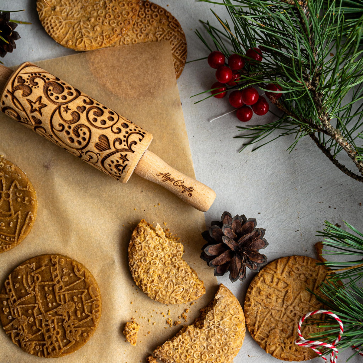 CHRISTMAS FEST 3 Mini Embossed Rolling Pin Set. Wooden Laser Engraved Textured rolling pins for Cookies, Modeline, Ceramic with Skulls, Bats,