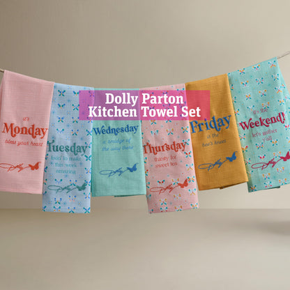 Dolly Parton Days of the Week Kitchen Towel Set - 100% Cotton Soft Durable Dishtowel Décor with Dolly Signature Embroidery, Cute Phrases