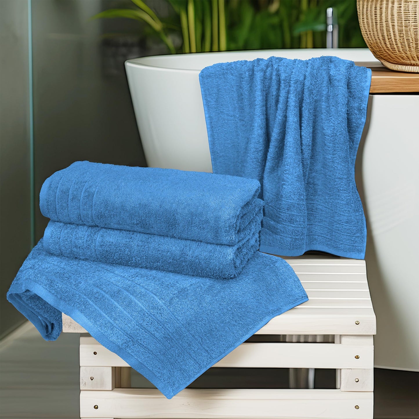 100% Cotton Extra Large Bath Towels Set of 4 (76x152cm) - Medium Blue