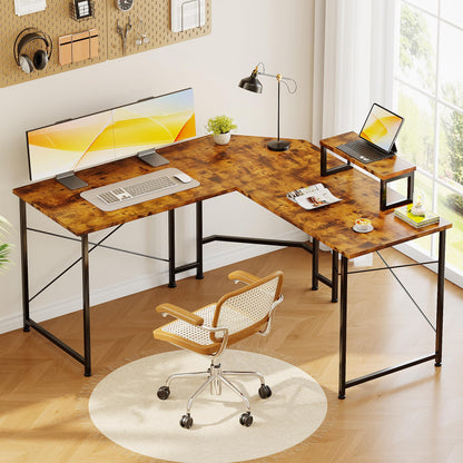 CAIYUN Corner Desk, 50" L Shaped Gaming Desk with Removable Monitor Stand, Computer Desk for Home Office, Metal Frame, Brown
