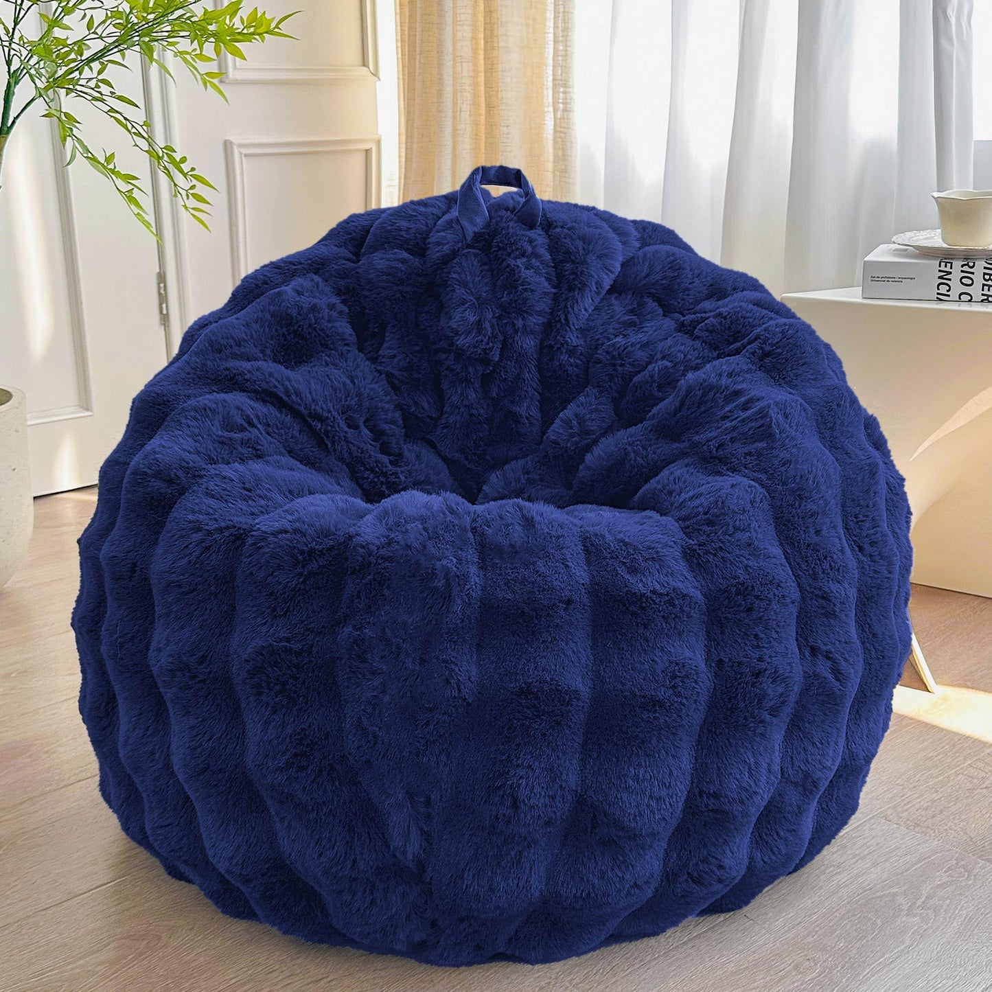 LIFEREVO Kids Fluffy Faux Rabbit Fur Bean Bag Cover, No Filler, Navy Blue