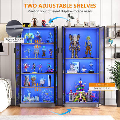 FREDEES LED Display Cabinet with 2 Doors and Adjustable Shelf, 165CM, Grey