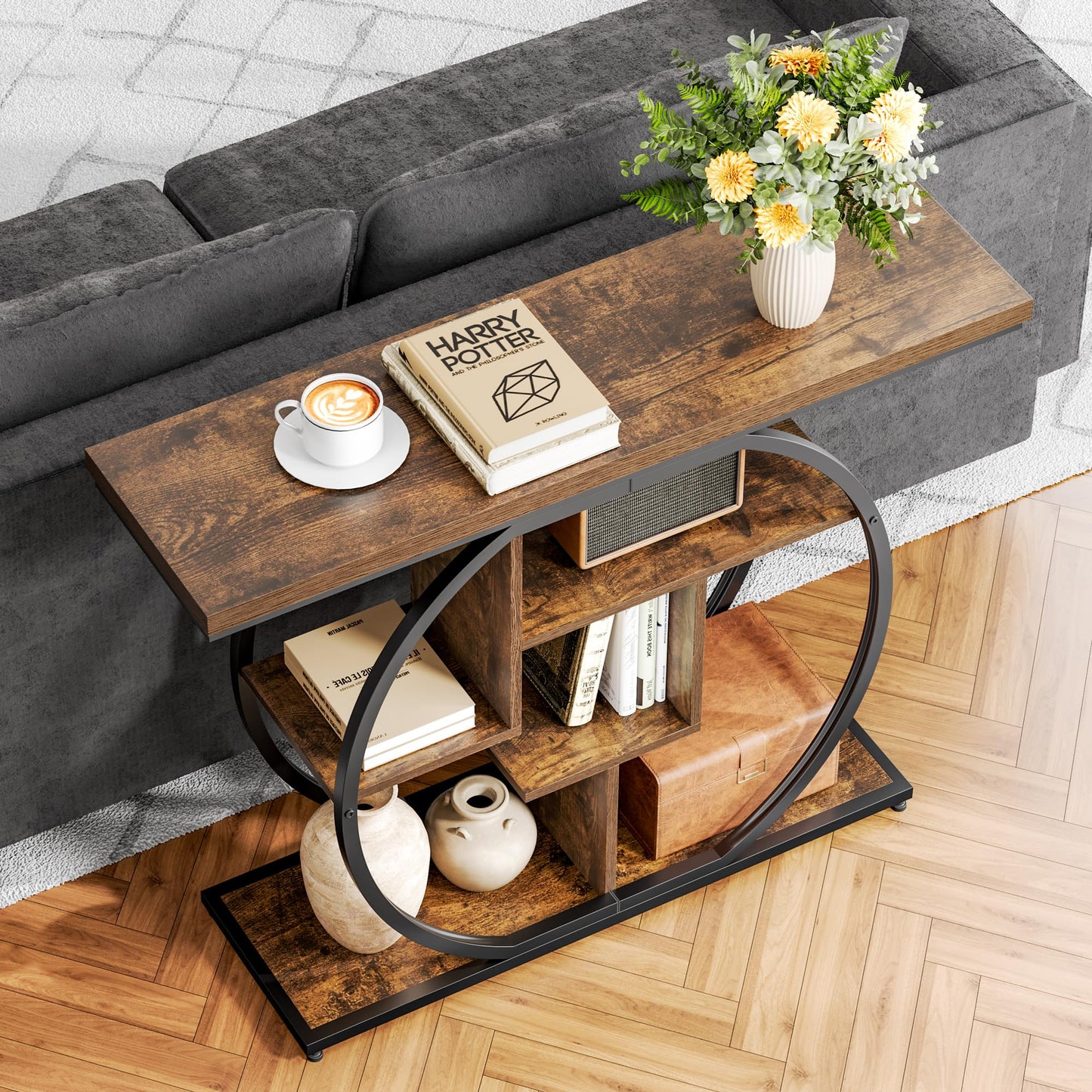 Pampaic Console Table, Hallway Table with 5-Tier Storage Shelves,105 x 30 x 80 cm, Entryway Table with Adjustable Foot Pads
