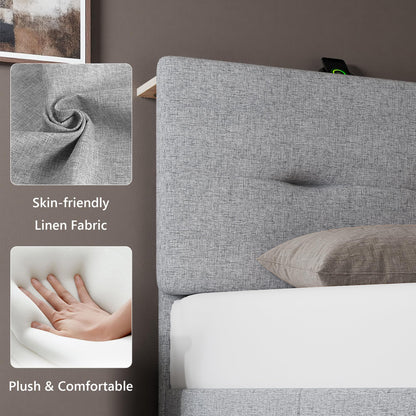Feonase 4ft Double Bed Frame with Storage Linen Headboard, Upholstered Bedframe double bed with Charging Station, Sturdy Wooden Slat Support