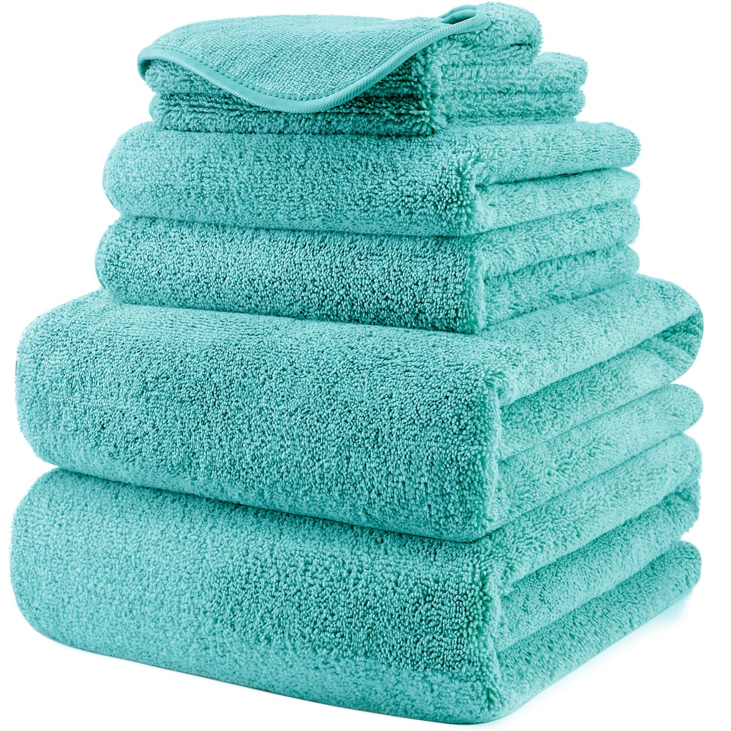 POLYTE Plush Quick Dry Lint Free Microfibre Bath Towel Set, 6 Pieces (Aqua)
