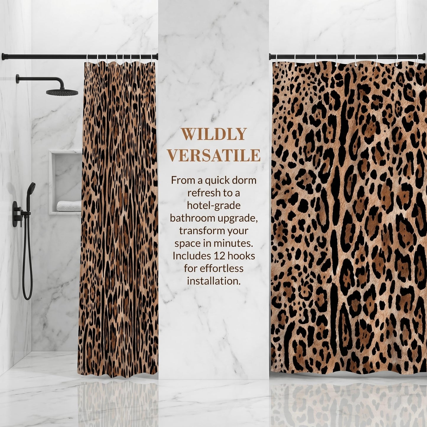 goodbath Leopard Print Shower Curtain 180x180 cm, Animal Pattern Cheetah Shower Curtains for Bathroom, Waterproof Fabric Bath Curtain with Hooks