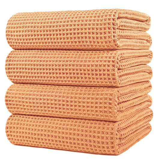 POLYTE Microfibre Oversize Quick Dry Lint Free Bath Towel, 152 x 76 cm, 4 Pack (Orange, Waffle Weave)
